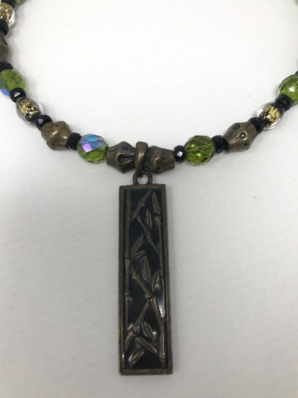 CHICO'S Pendant Necklace Asian Style Bamboo Black Dark Bronze Blue Green Beads